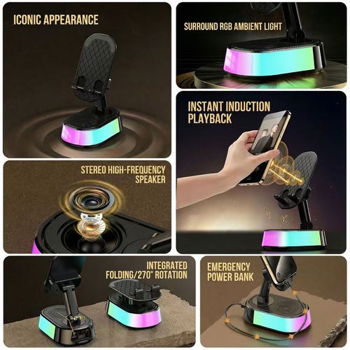 TIDEOK Wireless Bluetooth Speaker with Phone Holder, Emergency Charging, Smart Sensing, Colorful Atmosphere Light, 9D HD Surround Sound, Foldable & Rotatable, for iPhone & Android