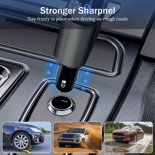Five in one retractable car charger, PD fast charging, built-in two cables (USB-C and Lightning), 2 PD and 1 USB port, smart chip protection, voltage display and ambient light, compatible with iPhoneAndroid