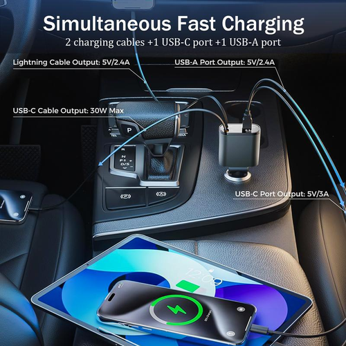 Five in one retractable car charger, PD fast charging, built-in two cables (USB-C and Lightning), 2 PD and 1 USB port, smart chip protection, voltage display and ambient light, compatible with iPhoneAndroid