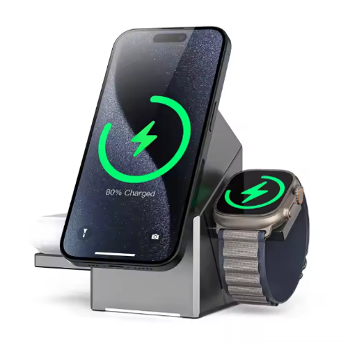 15W Fast Charging 3-in-1 Magnetic Wireless Charger Stand for Phones, Earphones, Smartwatches, PCs, Aluminum with Built-in Touch Buttons, Home Use