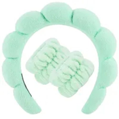 Zkptops Hydrotherapy Headband for Face Wash Wristband Set Sponge Makeup Skin Care Headband Wrist Towel Bubble Soft Hair Band for Women Fluffy Headdress Winter Anti-slip Thick and Thin Hair Accessories (Light Green -3)