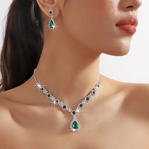 2pcs Elegant Synthetic Gemstone Teardrop Necklace Earrings Bracelet Set