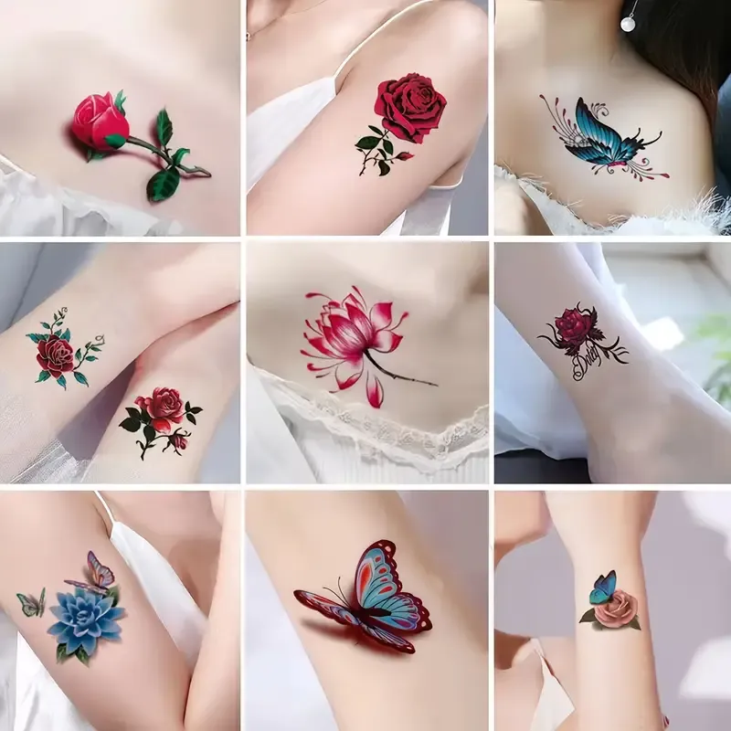 30 Sheets Waterproof Tattoo Stickers, Long Lasting Temporary Tattoos, Butterfly Lotus And Rose Colorful Pattern, Face Arm Back Leg Stickers Body Art