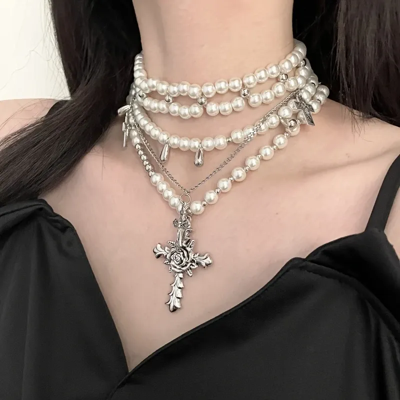 Niche Design Multi-layer Pearl Cross Pendant Necklace Women's Personality Versatile Clavicle Chain Fashion High-end Necklace