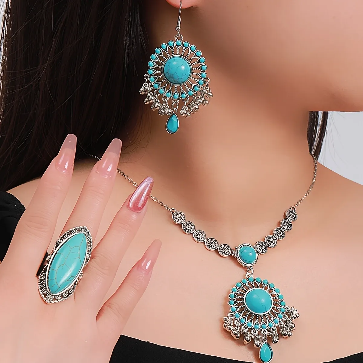 4pcs Bohemian Jewelry Set, Turquoise Inlay, Necklace, Earrings, and Ring Combo