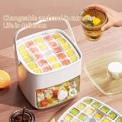 48-Cube Ice Maker with Easy-Press Lid - Double-Layer, Food-Grade Plastic Tray, Freezer-Safe - Perfect for Drinks, Essential Kitchen Accessory