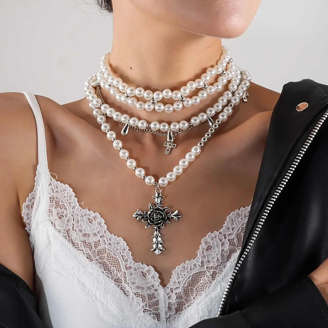 Niche Design Multi-layer Pearl Cross Pendant Necklace Women's Personality Versatile Clavicle Chain Fashion High-end Necklace