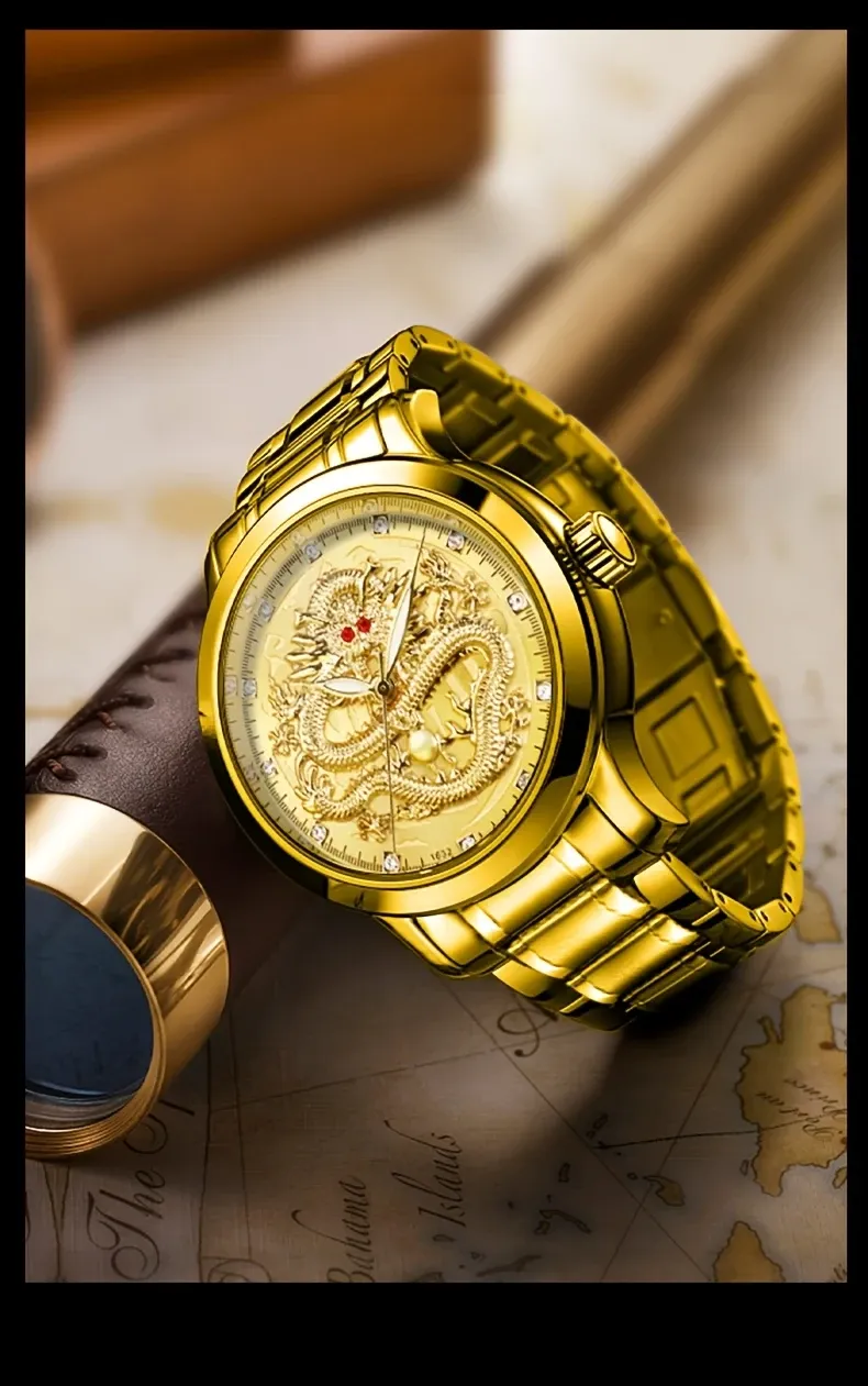 Longteng men's atmospheric gold luminous high-end business watch classic exquisite men's watch transparent quartz watch 1 piece