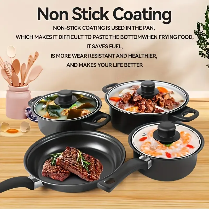 13pcs cast iron cookware set, non-stick POTS and pans with glass LIDS, lightweight and portable, including frying pan, milk pan and nylon cutlery, perfect for camping, picnicking, traveling - black