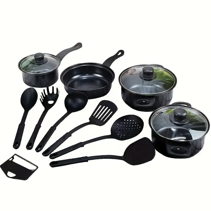 13pcs cast iron cookware set, non-stick POTS and pans with glass LIDS, lightweight and portable, including frying pan, milk pan and nylon cutlery, perfect for camping, picnicking, traveling - black