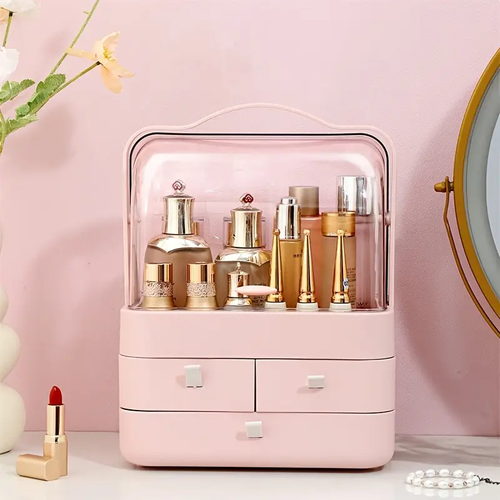 Portable Makeup Organizer, Large-Capacity Household Cosmetic Storage Box, Jewelry Cosmetics Perfume Storage Box, Dustproof Make Up Organizers for Vanity, Countertop, Bathroom, Bedroom, Valentine's Day, Birthday, Festival Gift,  Pink
