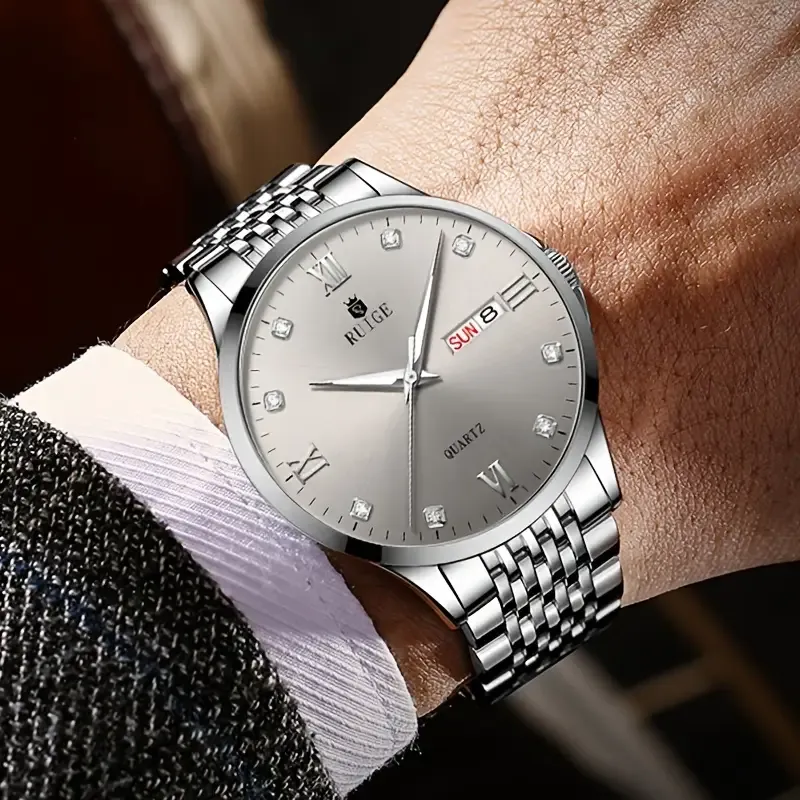 RUIGE Fashion Business Men'S Watch Stainless Steel Men'S Weekly Calendar Night Light Versatile Men'S Quartz Watch B2-2