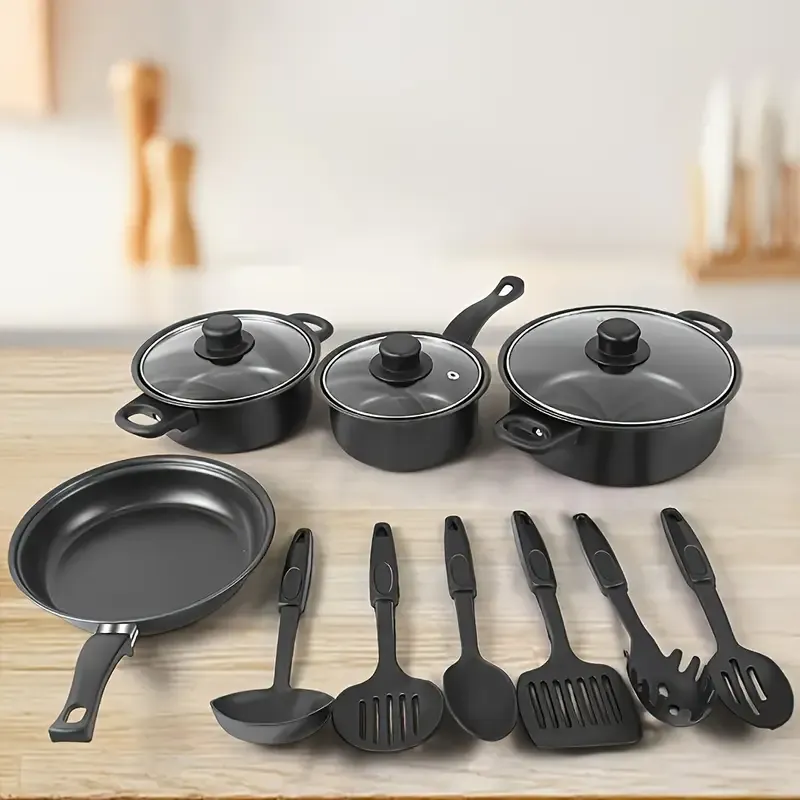 13pcs cast iron cookware set, non-stick POTS and pans with glass LIDS, lightweight and portable, including frying pan, milk pan and nylon cutlery, perfect for camping, picnicking, traveling - black