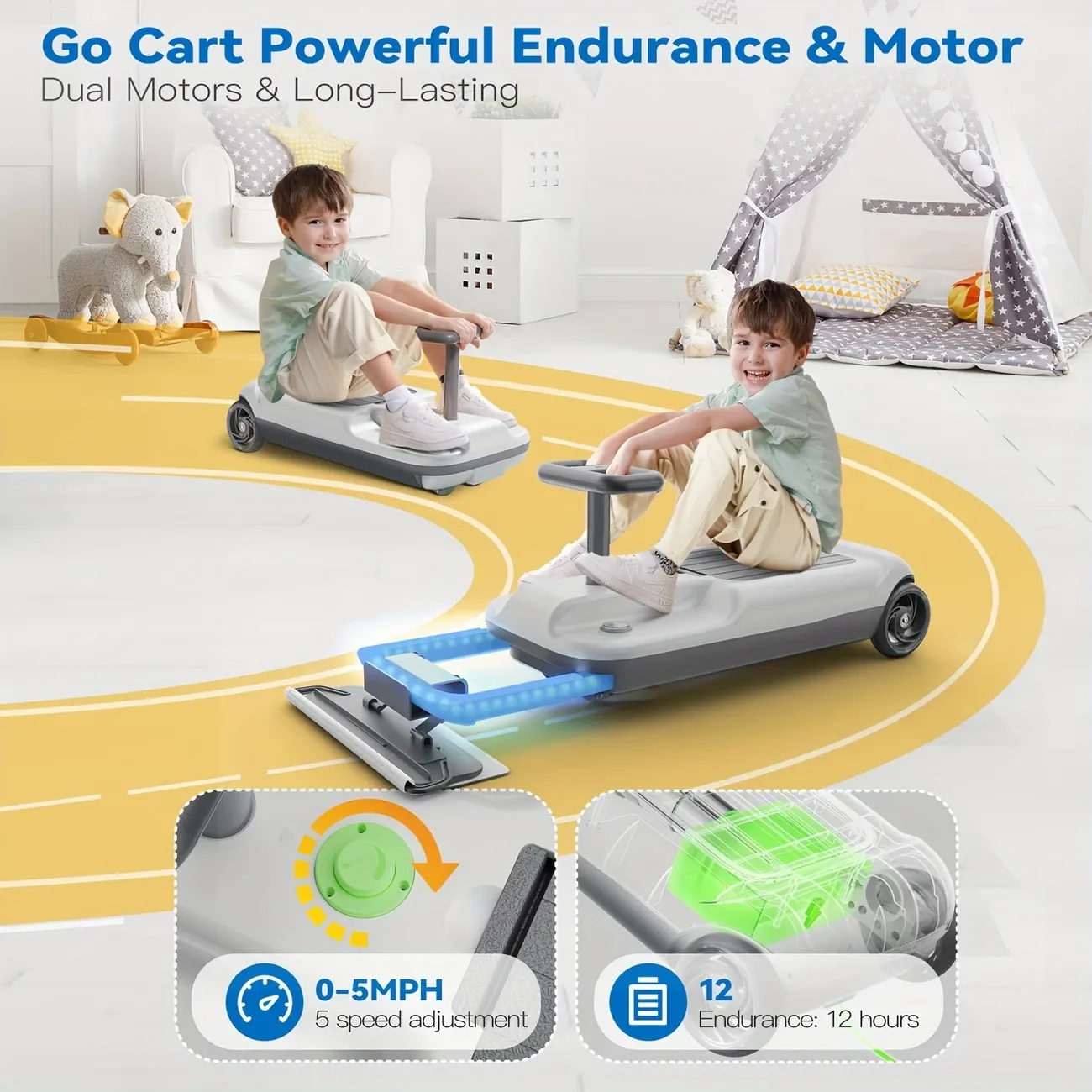Portable Go Kart, 12Volt Ride-On Racer, Kids Variable Speed, Five Speeds To Choose From, Children'S Electric Rocker With Large Storage, Clean Go Kart For Kids 3+, Mop Included, Cleaning And Fun In One