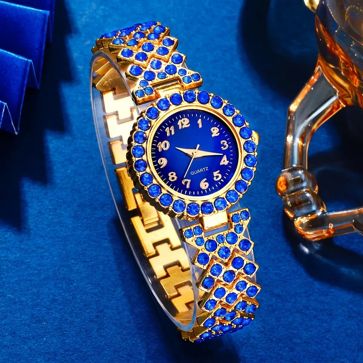Elegant 6pcs Ladies Quartz Watch and Jewelry Set, Blue Heart-Shaped Bracelet, Round Zinc Alloy Case, Non-Rechargeable Battery, Perfect Gift for Birthday, New Year, Valentine's