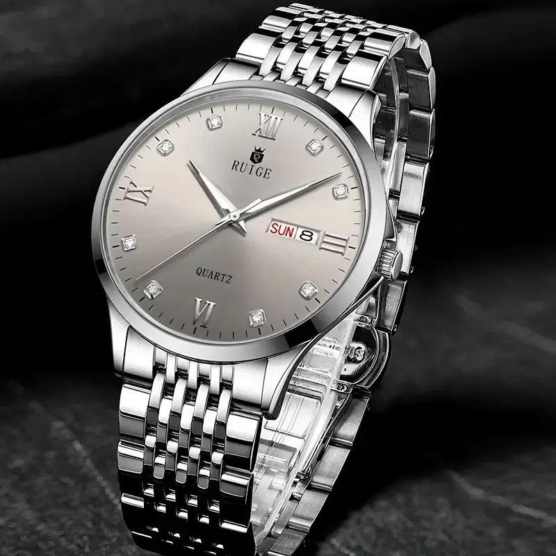 RUIGE Fashion Business Men'S Watch Stainless Steel Men'S Weekly Calendar Night Light Versatile Men'S Quartz Watch B2-2