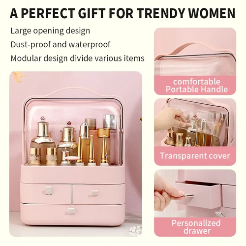 Portable Makeup Organizer, Large-Capacity Household Cosmetic Storage Box, Jewelry Cosmetics Perfume Storage Box, Dustproof Make Up Organizers for Vanity, Countertop, Bathroom, Bedroom, Valentine's Day, Birthday, Festival Gift,  Pink