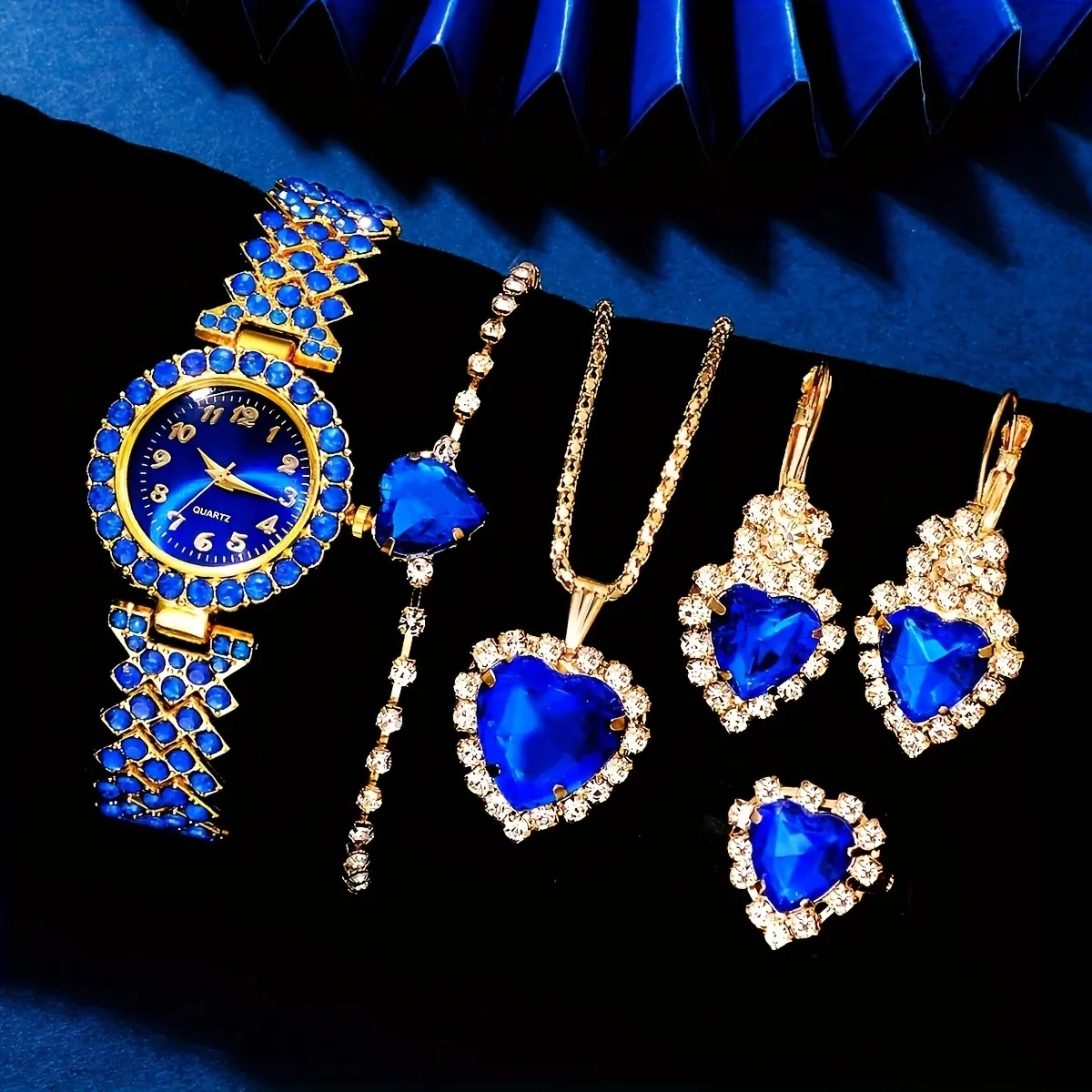 Elegant 6pcs Ladies Quartz Watch and Jewelry Set, Blue Heart-Shaped Bracelet, Round Zinc Alloy Case, Non-Rechargeable Battery, Perfect Gift for Birthday, New Year, Valentine's