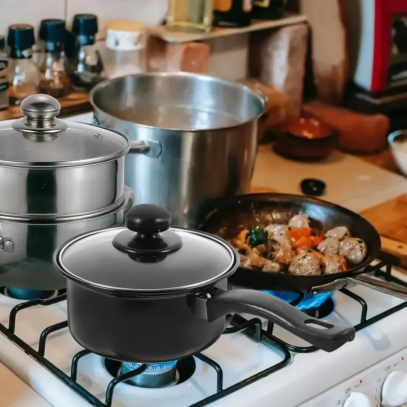 13pcs cast iron cookware set, non-stick POTS and pans with glass LIDS, lightweight and portable, including frying pan, milk pan and nylon cutlery, perfect for camping, picnicking, traveling - black