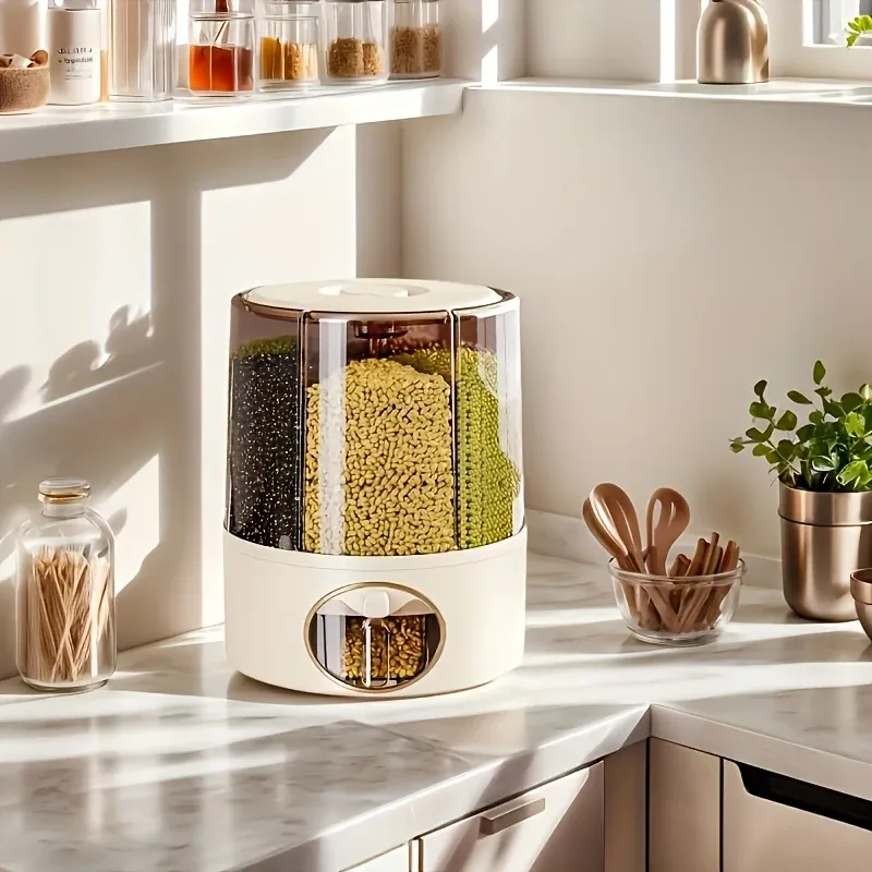 Large Capacity Plastic Grain Storage Container, Rotary Loading Rice Dispenser with Insect and Moisture Resistance, Multi-Functional Kitchen Organizer for Cereal and Dry Foods, Kitchen Storage Solution | Sleek Storage Design | Insectproof Storage