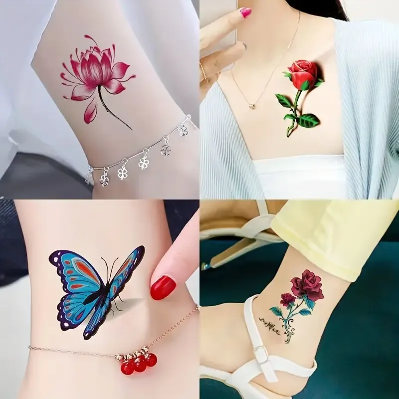 30 Sheets Waterproof Tattoo Stickers, Long Lasting Temporary Tattoos, Butterfly Lotus And Rose Colorful Pattern, Face Arm Back Leg Stickers Body Art