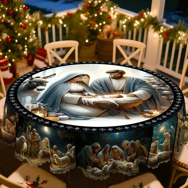 1 Christmas tablecloth - Festive round rectangular polyester tablecloth set with designs of Mary, Joseph, Young Man, and Shepherd. Perfect for holiday parties, family gatherings, outdoor picnics, and winter decorations. Christmas table decoration, elastic round Christmas tablecloth, tablecloth, rectangular tablecloth.