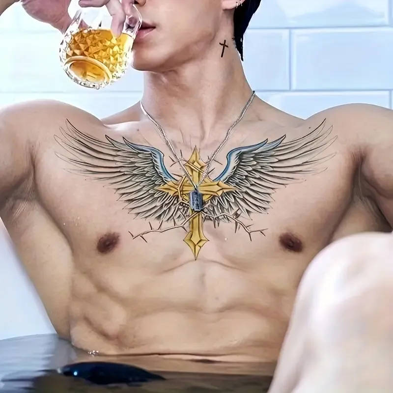 Large Golden Cross Wing Temporary Tattoo Sticker - Waterproof, Realistic Fake Tattoo for Chest, Waist, Back - Stylish Blue & Golden Design for Men and Women, Back Tattoo|Elegant Design|Waterproof Material, Large Tattoo