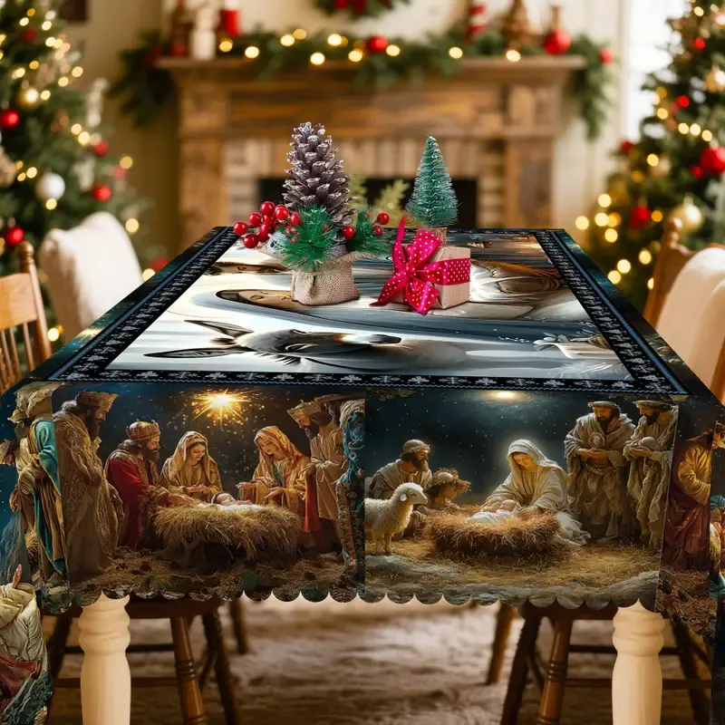 1 Christmas tablecloth - Festive round rectangular polyester tablecloth set with designs of Mary, Joseph, Young Man, and Shepherd. Perfect for holiday parties, family gatherings, outdoor picnics, and winter decorations. Christmas table decoration, elastic round Christmas tablecloth, tablecloth, rectangular tablecloth.