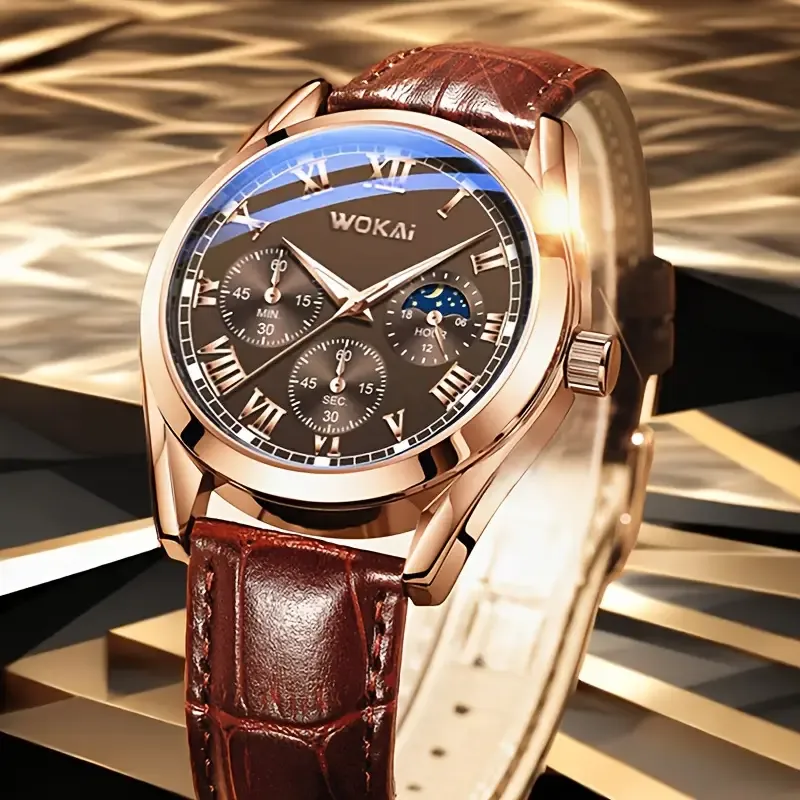 Men's Business Watch - Formal Quartz Movement, Brown Faux Leather Strap, Roman Numeral Dial, Simple Analog Watch, Perfect for Office, Meetings, and Events - Durable Alloy Case and Strap
