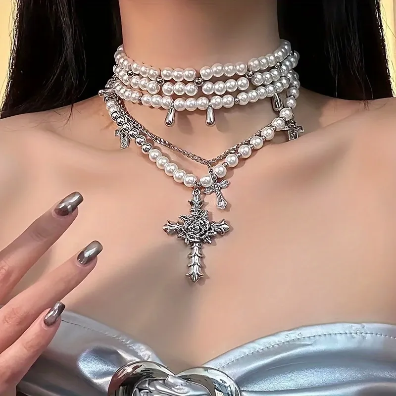 Niche Design Multi-layer Pearl Cross Pendant Necklace Women's Personality Versatile Clavicle Chain Fashion High-end Necklace