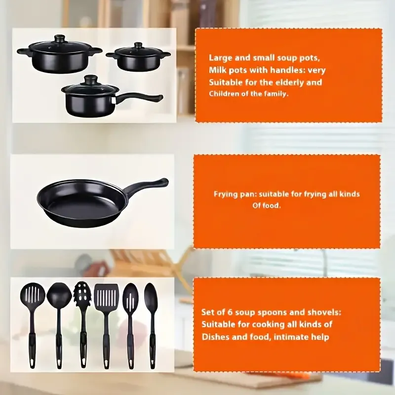 13pcs cast iron cookware set, non-stick POTS and pans with glass LIDS, lightweight and portable, including frying pan, milk pan and nylon cutlery, perfect for camping, picnicking, traveling - black