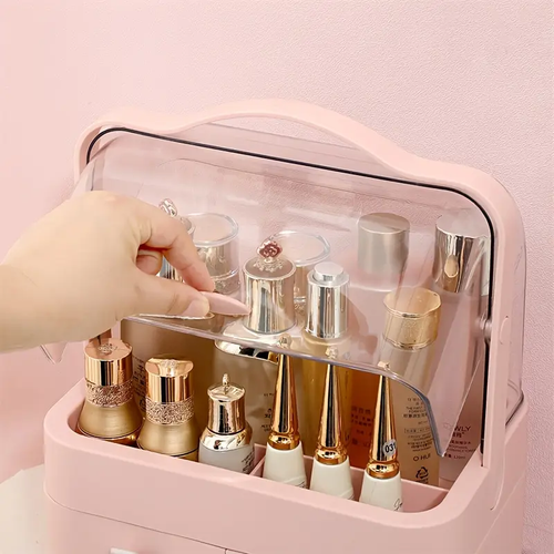 Portable Makeup Organizer, Large-Capacity Household Cosmetic Storage Box, Jewelry Cosmetics Perfume Storage Box, Dustproof Make Up Organizers for Vanity, Countertop, Bathroom, Bedroom, Valentine's Day, Birthday, Festival Gift,  Pink