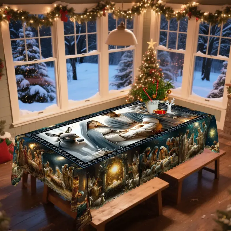 1 Christmas tablecloth - Festive round rectangular polyester tablecloth set with designs of Mary, Joseph, Young Man, and Shepherd. Perfect for holiday parties, family gatherings, outdoor picnics, and winter decorations. Christmas table decoration, elastic round Christmas tablecloth, tablecloth, rectangular tablecloth.