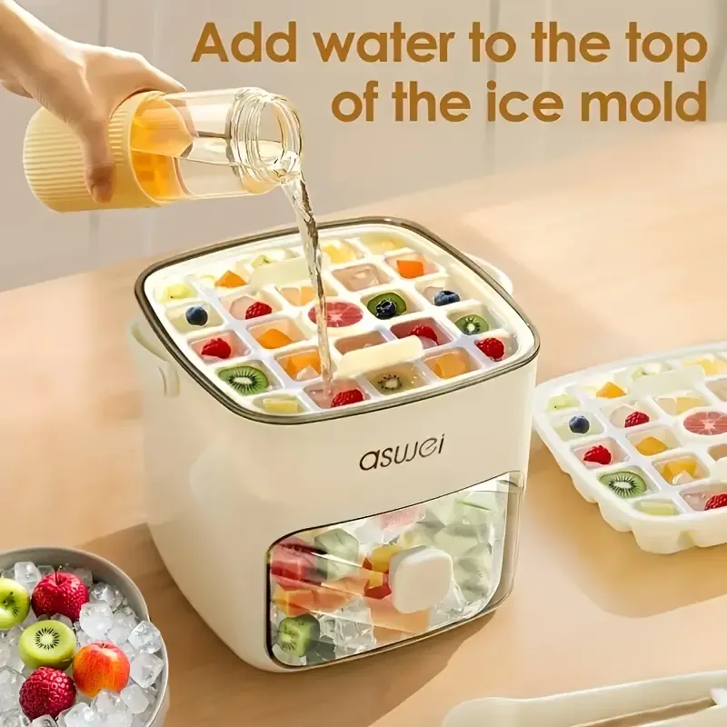 48-Cube Ice Maker with Easy-Press Lid - Double-Layer, Food-Grade Plastic Tray, Freezer-Safe - Perfect for Drinks, Essential Kitchen Accessory