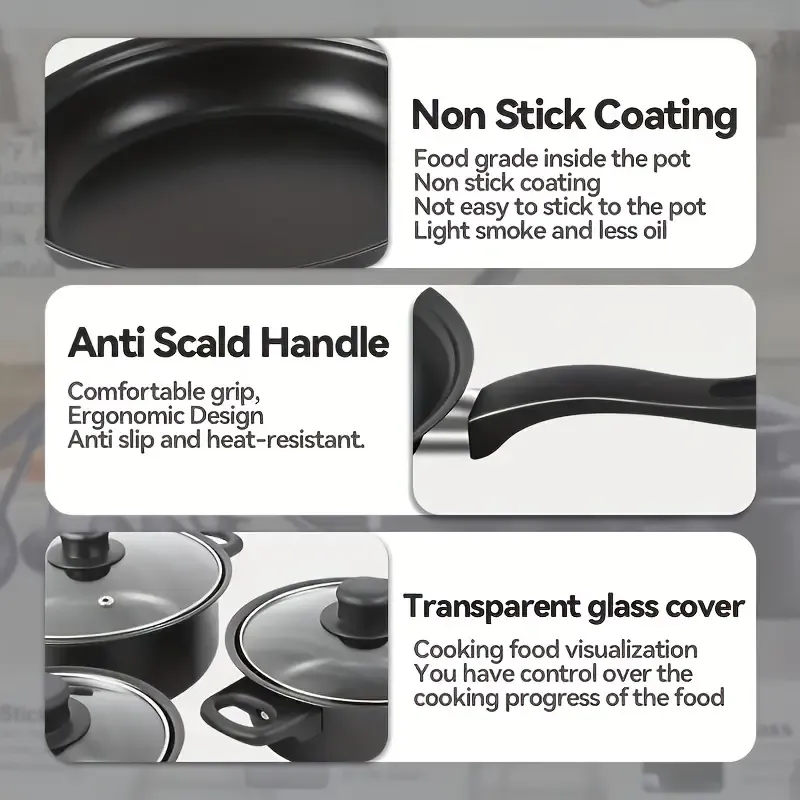 13pcs cast iron cookware set, non-stick POTS and pans with glass LIDS, lightweight and portable, including frying pan, milk pan and nylon cutlery, perfect for camping, picnicking, traveling - black
