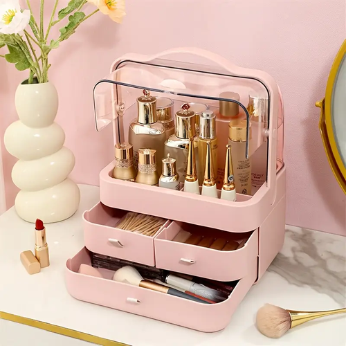 Portable Makeup Organizer, Large-Capacity Household Cosmetic Storage Box, Jewelry Cosmetics Perfume Storage Box, Dustproof Make Up Organizers for Vanity, Countertop, Bathroom, Bedroom, Valentine's Day, Birthday, Festival Gift,  Pink