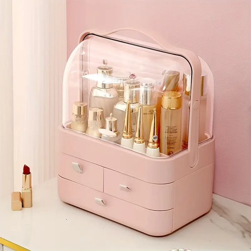 Portable Makeup Organizer, Large-Capacity Household Cosmetic Storage Box, Jewelry Cosmetics Perfume Storage Box, Dustproof Make Up Organizers for Vanity, Countertop, Bathroom, Bedroom, Valentine's Day, Birthday, Festival Gift,  Pink