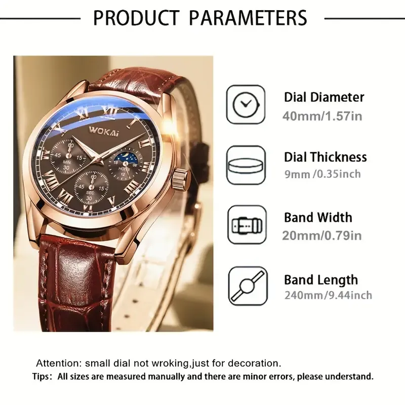 Men's Business Watch - Formal Quartz Movement, Brown Faux Leather Strap, Roman Numeral Dial, Simple Analog Watch, Perfect for Office, Meetings, and Events - Durable Alloy Case and Strap