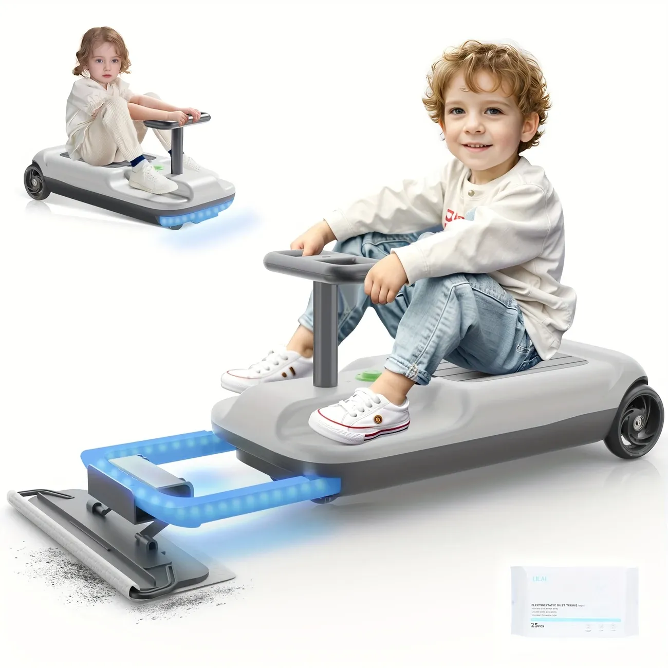 Portable Go Kart, 12Volt Ride-On Racer, Kids Variable Speed, Five Speeds To Choose From, Children'S Electric Rocker With Large Storage, Clean Go Kart For Kids 3+, Mop Included, Cleaning And Fun In One