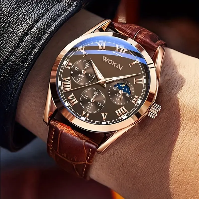 Men's Business Watch - Formal Quartz Movement, Brown Faux Leather Strap, Roman Numeral Dial, Simple Analog Watch, Perfect for Office, Meetings, and Events - Durable Alloy Case and Strap