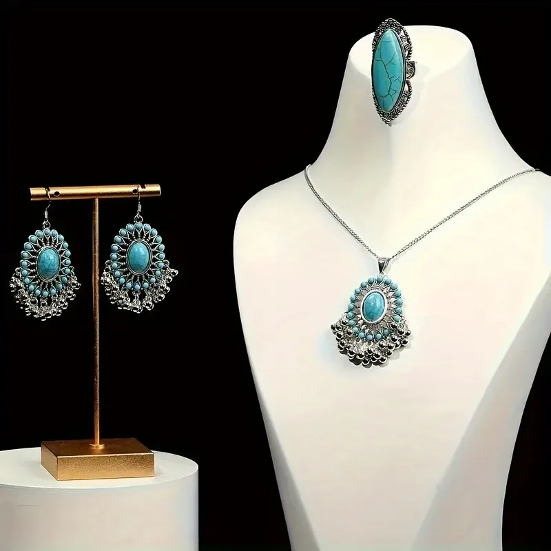 4pcs Bohemian Jewelry Set, Turquoise Inlay, Necklace, Earrings, and Ring Combo