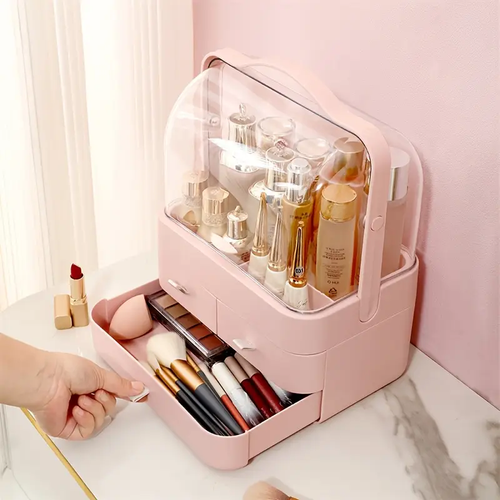 Portable Makeup Organizer, Large-Capacity Household Cosmetic Storage Box, Jewelry Cosmetics Perfume Storage Box, Dustproof Make Up Organizers for Vanity, Countertop, Bathroom, Bedroom, Valentine's Day, Birthday, Festival Gift,  Pink