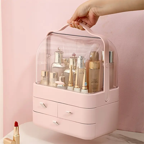 Portable Makeup Organizer, Large-Capacity Household Cosmetic Storage Box, Jewelry Cosmetics Perfume Storage Box, Dustproof Make Up Organizers for Vanity, Countertop, Bathroom, Bedroom, Valentine's Day, Birthday, Festival Gift,  Pink