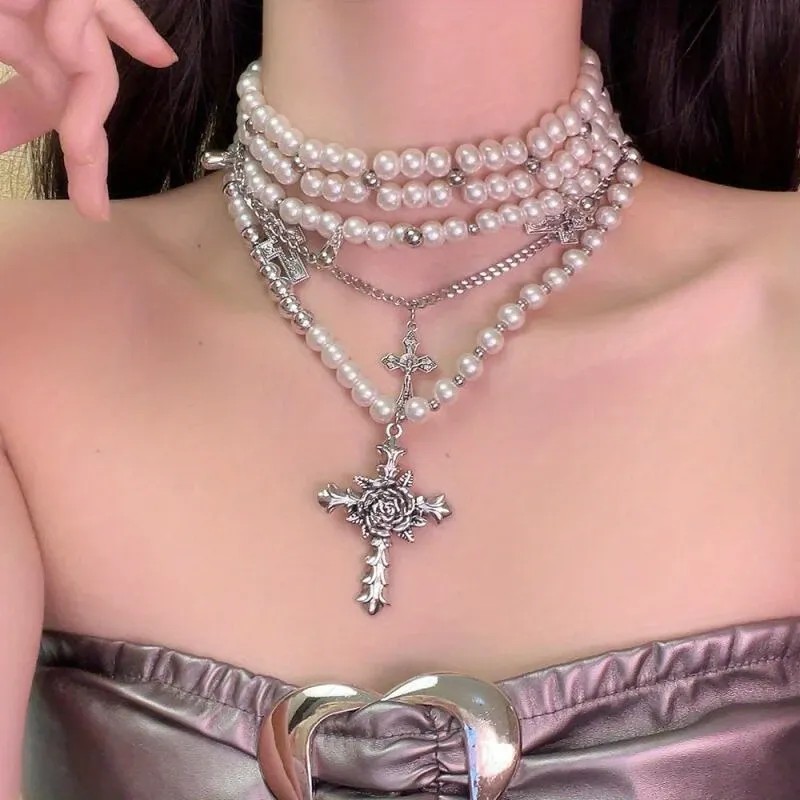 Niche Design Multi-layer Pearl Cross Pendant Necklace Women's Personality Versatile Clavicle Chain Fashion High-end Necklace