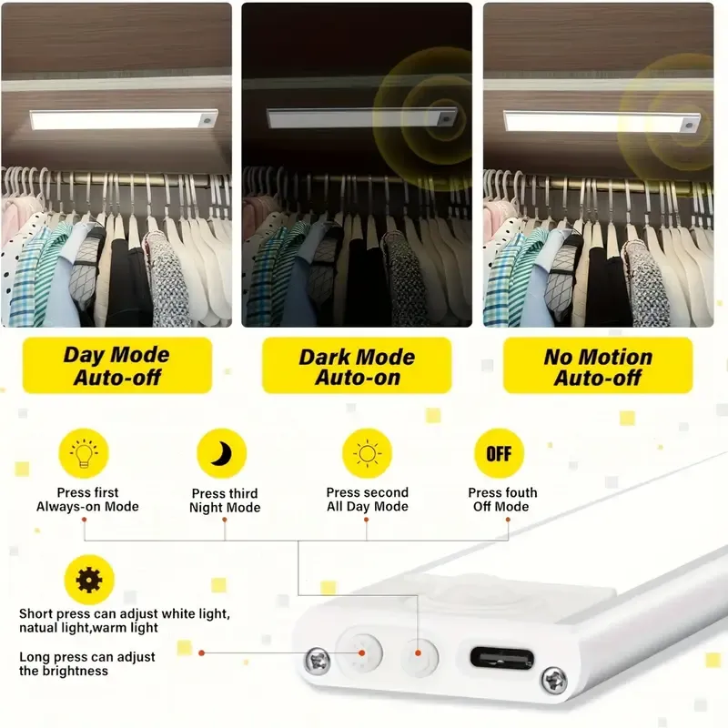 LED Motion Sensor Under Cabinet Light, 3 Color Temperatures Wireless USB Rechargeable Night Light, Indoor Closet Light, Magnetic Under Counter Light Fixture That Sticks Anywhere, Suitable for Kitchen Cabinets Wardrobe Cabinets Stairs.