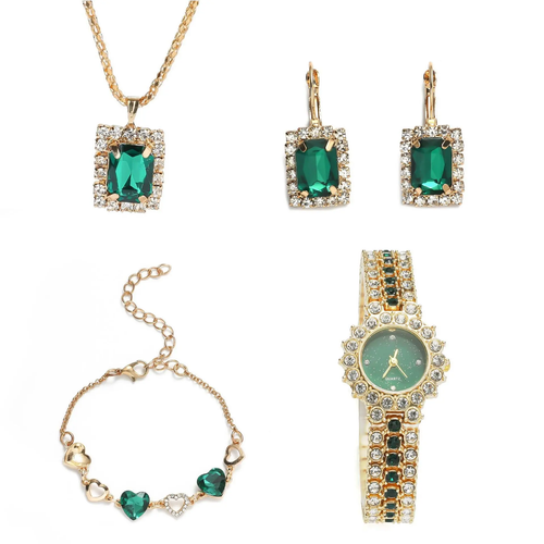 This 5-piece jewelry set will make you feel like a real diva 🎀💍. It's perfect for any woman who wants to feel elegant and refined - a luxurious set with a pair of earrings, bracelet, ring, watch and necklace! ✨
