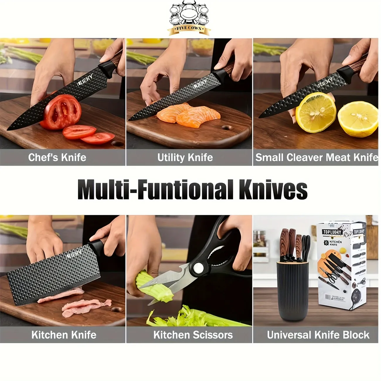 6pcs Kitchen Knife Set, Chef'S Special, Vegetable Cutting Knife, Bone Chopping Knife, Fruit Knife, Multi-purpose Scissors And Fruit Knife, Healthy Cooking Kitchen Knife Set Suitable For Home, Kitchen, Cooking, Birthday GiftKitchen Gadget Gift For Mom Or Dad