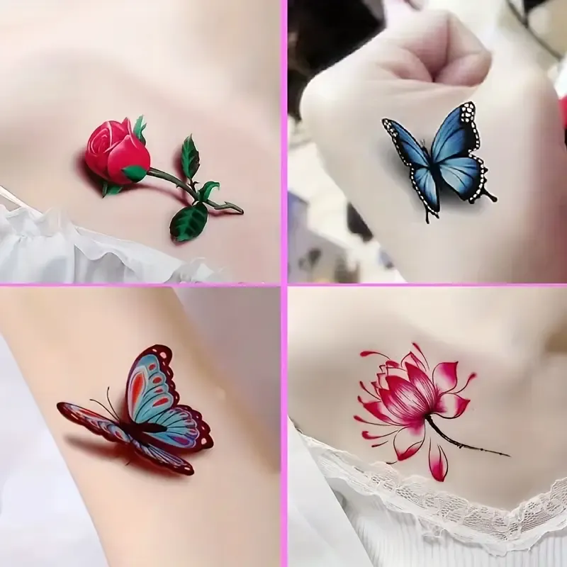 30 Sheets Waterproof Tattoo Stickers, Long Lasting Temporary Tattoos, Butterfly Lotus And Rose Colorful Pattern, Face Arm Back Leg Stickers Body Art