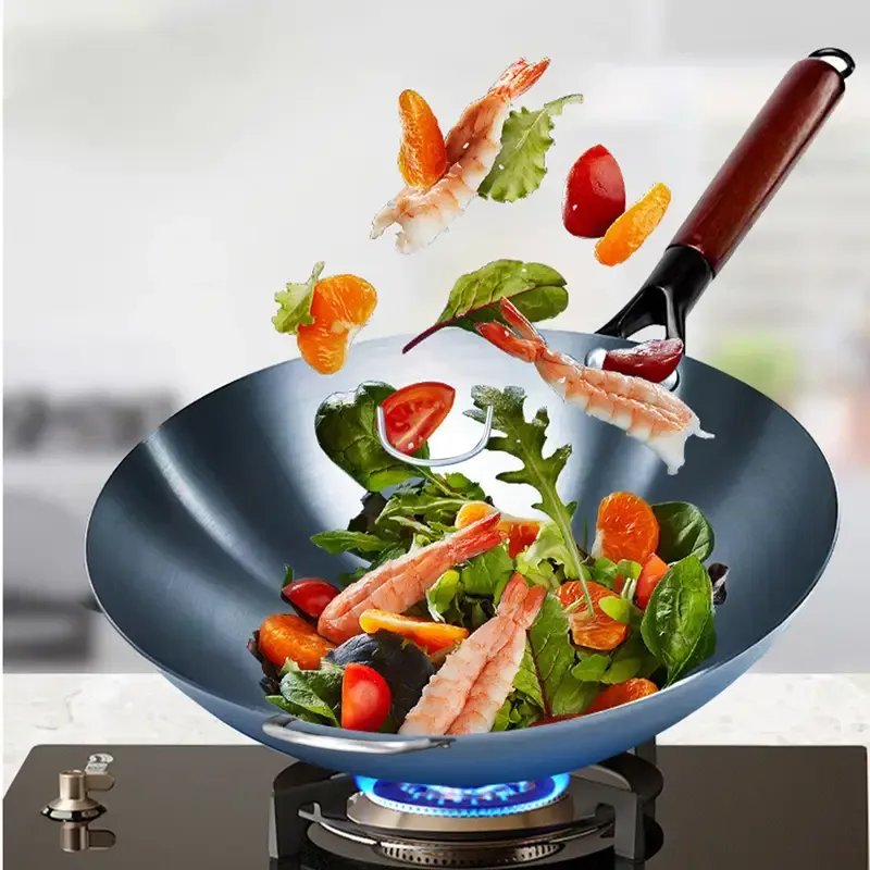 14-inch traditional uncoated cast iron frying pan set with anti-bluing technology, lightweight non-stick design, suitable for gas and induction cooktops