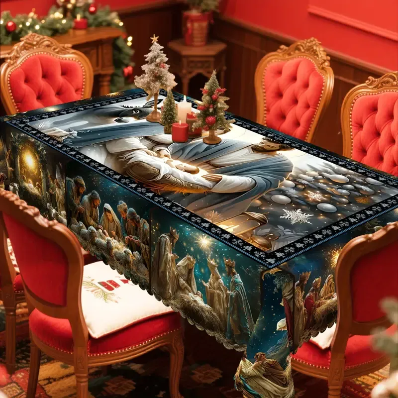 1 Christmas tablecloth - Festive round rectangular polyester tablecloth set with designs of Mary, Joseph, Young Man, and Shepherd. Perfect for holiday parties, family gatherings, outdoor picnics, and winter decorations. Christmas table decoration, elastic round Christmas tablecloth, tablecloth, rectangular tablecloth.